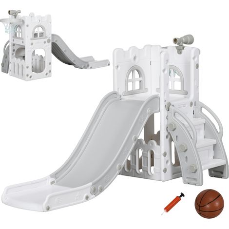 Tobogán infantil 5 en 1 con canasta, telescopio y almacenamiento, gris 70 x 177 x 92 cm DESVIAE (1/5)