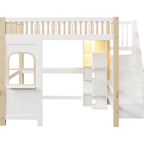 Cama alta 140x200 cm con LED, escritorio, almacenaje y escalera, blanco y natural (1/5)