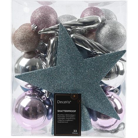 DECORAZIONI ALBERO 33 PZ MISTE BLU-LILLA-ARGENTO