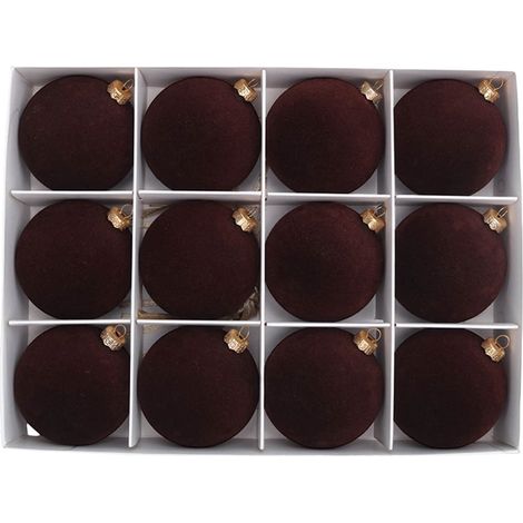 Boules De Noël - Flockées Velours - Diamètre 6 cm - Marron - Pour Arbre De Noël Et Décoration Intérieure - Lot De 12 (1/5)