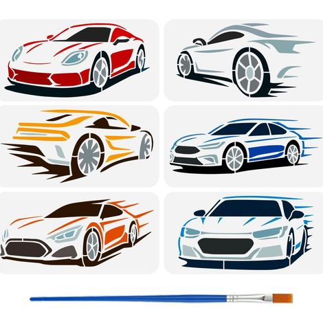 6 Styles Pochoirs de Voitures de Sport Rapides Avec Un Pinceau 30x15cm Pochoirs de Peinture de Motifs de Voitures de Course Pochoir Dessin de Voiture à Grand Vitesse pour Décor Murale (1/5)
