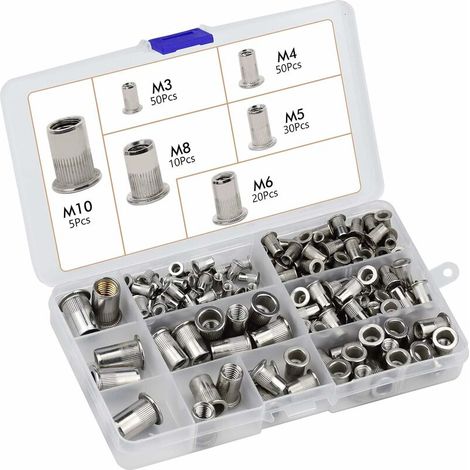 Lot de 165 Acier inoxydable Rivet Écrou, Écrou Outil Plat Tête Filetée Rivet Nutsert Cap Assortiment kit M3 M4 M5 M6 M8 M10, Otil de Réparation de Fixation Accessoire,Seuçais (1/5)