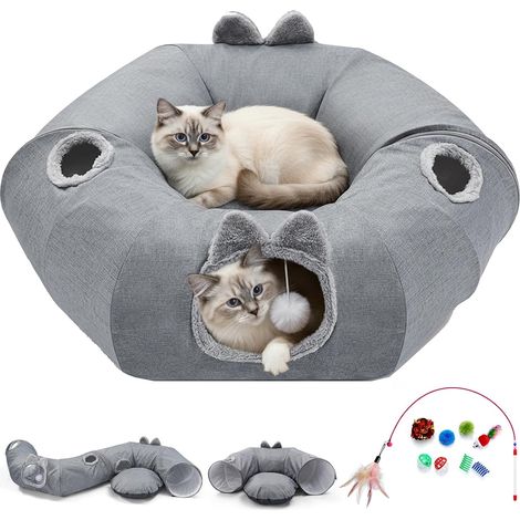 Tunnel pour chat avec lit, lit pliable en forme de donut pour animal domestique en lin (1/5)