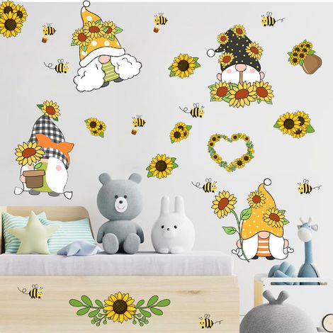 Lot de 4 stickers muraux petit tournesol nain, déco murale autocollante pour chambre, salon, mur TV - Adhésifs muraux fleuris (1/5)