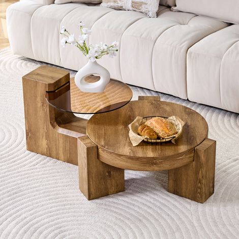 Tavolino rotondo separabile Ø 61 cm, 2 livelli, MDF effetto legno e vetro fumé marrone HAVRYA (1/5)