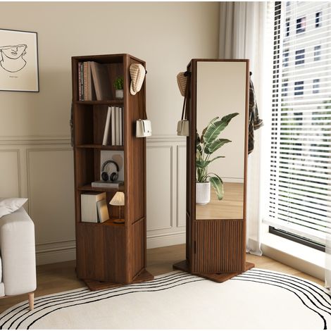 Armoire miroir 4-en-1 rotative 360°, rangement bijoux, étagères, crochets, noyer HAVRYA (1/5)