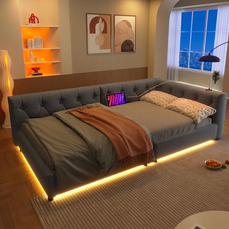 Sofá cama de lino gris 90x200 cm con somier de láminas, USB y Type-C, LED y cabecero acolchado (1/5)