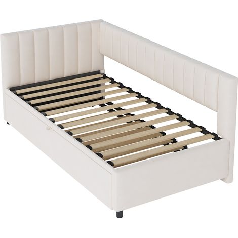 Canapé-lit multifonctionnel en L avec lit escamotable 90/180200 cm, lit rembourré en tissu velours, design peu encombrant pour lit d’enfant, lit d’appoint Beige (1/5)