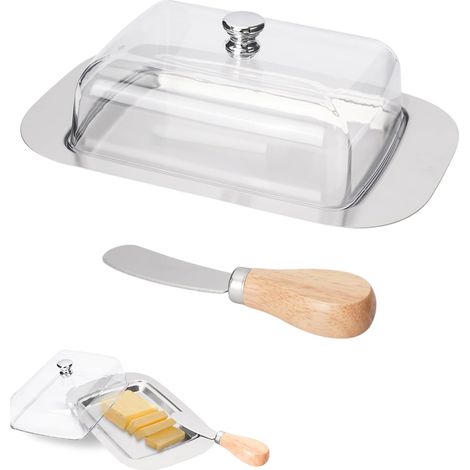 1 Beurrier, Acier Inoxydable, Couvercle Transparent, Couteau Inclus, Pour Cuisine, Pique-nique, Fêtes (1/5)