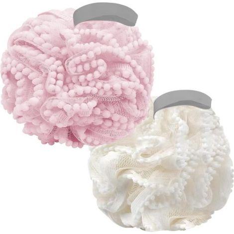 Set mit 2 weichen Netz-Bade- und Duschschwämmen, Duschpoufs, Luffaschwämmen, Duschgel, Badeschwämmen für Damen (1/4)