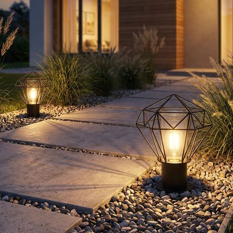Lampada da terra per esterni con piedistallo Lampada da terra per esterni da giardino nera in acciaio inossidabile, paralume a griglia dal design industriale, 1x E27, LxH 22,5 x 31,5 cm, set da 2 (1/5)