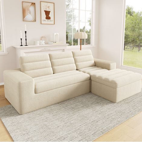 Canapé d'angle modulable 253x161x89 cm en tissu beige, gain de place pour salon FloraGrace (1/5)