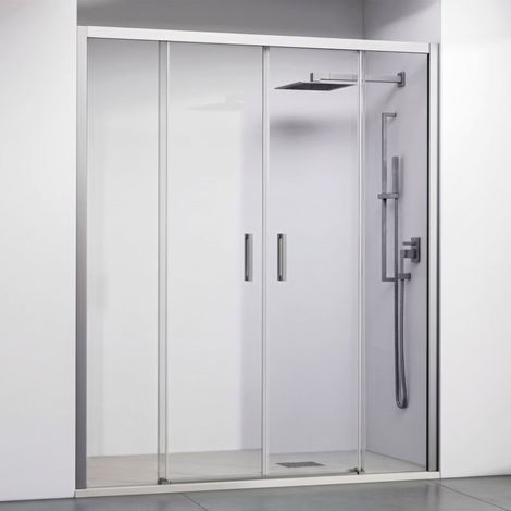 Porte de douche coulissante 2 portes coulissantes + 2 panneaux fixes -Verre trempé 6 mm -Argent Brillant -Largeur ajustable 195-200 cm -Hauteur 195 cm