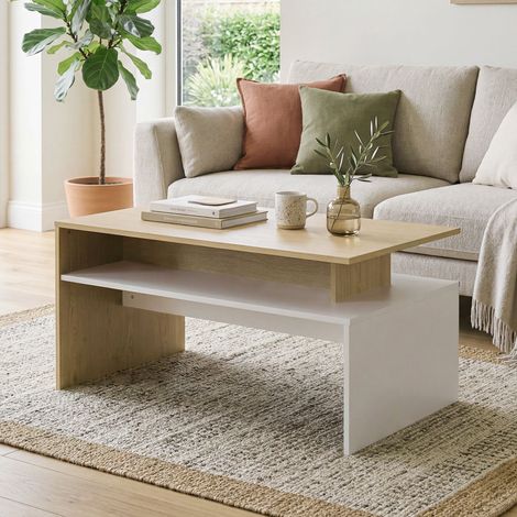 Table basse de salon bicolore avec étagère asymétrique, 95x55x50 cm, bois naturel et blanc (1/5)