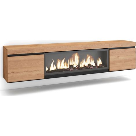 Skraut Home – Meuble TV suspendu chêne noir – Cheminée électrique LED XXL – Grand rangement 208x35x45cm – Pour TV jusqu'à 80"