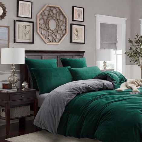 Parure de lit d'hiver en peluche chaude 220 x 200 cm - 3 pièces - Vert, vert foncé et gris - Housse de couette cachemire flanelle polaire - Toucher velours moelleux et chaud - 1 housse de couette avec (1/5)