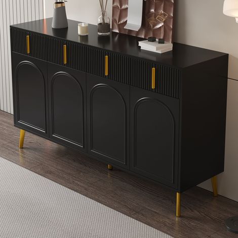 Credenza 140 x 38 x 82 cm con 4 ante e 4 cassetti, MDF nero, maniglie e piedi dorati HAVRYA (1/5)