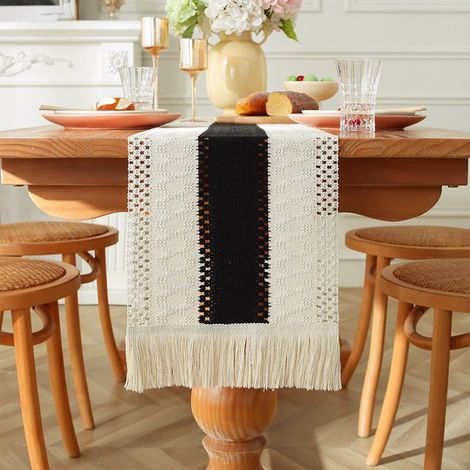 Runner da tavola in lino, cotone e lino, in stile boho, morbido runner da tavola da cucina con nappe, lavabile, per matrimoni, feste, decorazioni per case di campagna. (1/5)