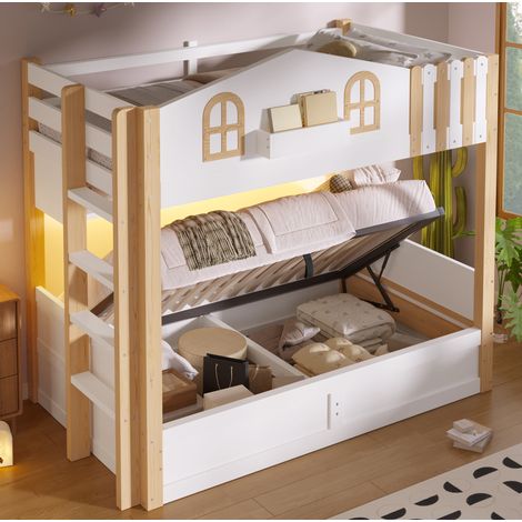 Letto a castello 90x200 cm bianco e rovere in pino e MDF con contenitore idraulico e LED (1/5)