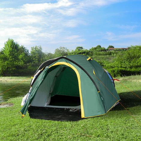Tente dôme camping 2-3 personnes, étanche, légère, 2 portes+fenêtres, 3,25×1,83×1,3m, vert, polyester PE fibre verre