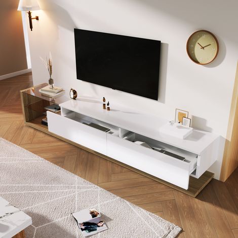 Meuble TV blanc laqué et bois, lowboard design avec étagères en verre et éclairage LED variable. Style campagne moderne, meuble de salon élégant. (1/5)