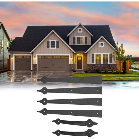 Manija para puerta de garaje estilo americano, estilo hierro forjado decorativo, herrajes para puerta de garaje con 4 bisagras y 2 manijas, negro mate, kit de autoensamblaje (1/5)