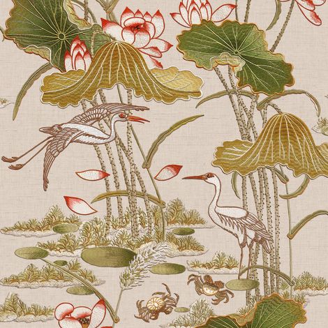 Design ID Taupe Lotus Pond Wallpaper Crane Lily Pads Silk Textured Paste The Wall (1/4)