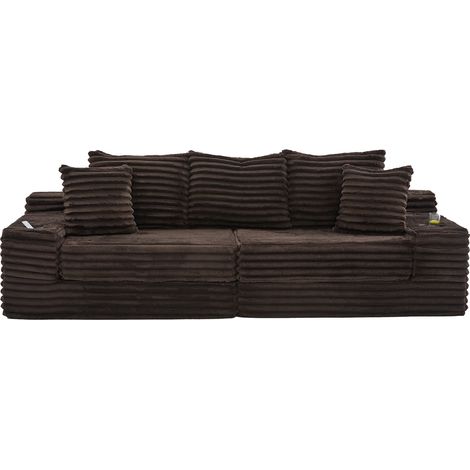 Schlafsofa aus Cord mit hoher Rückenlehne, Kissen, Taschen und Getränkehaltern, Kaffeebraun (1/5)