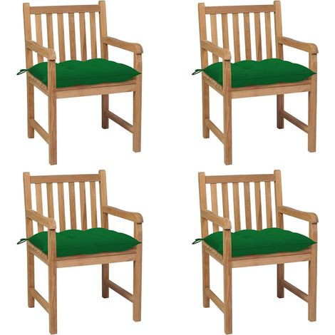 vidaXL Sillas de jardín 4 uds madera maciza de teca con cojines verdes (1/5)