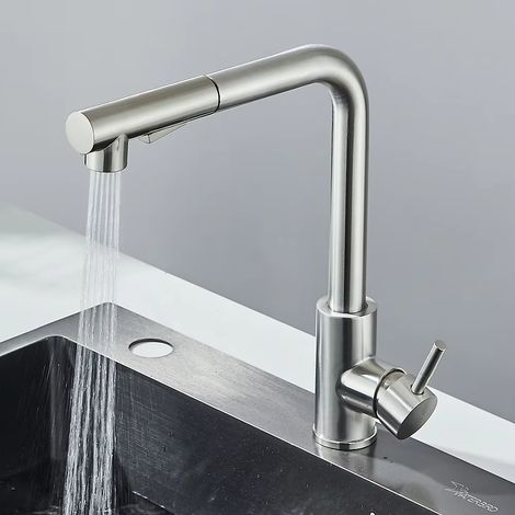 Robinet de cuisine extractible 2 en 1 haute pression - Robinet d'eau chaude/froide à poser en acier inoxydable - Nickel brossé