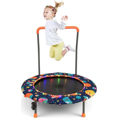 COSTWAY Trampoline Enfant Ø92CM avec 21 Lumières LED & Poignée Amovible, Mini Trampoline Exterieur Enfant avec Motif d'Astronaute & Tapis Antidérapant pour Enfant de 3-6 Ans