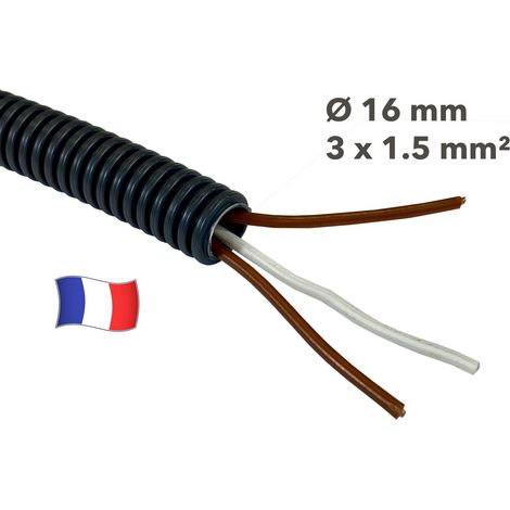 Gaine électrique préfilée 50 mètres diam 16 avec 3 fils Marron, Marron, Ivoire 1.5 mm² - PREFA ELEC (1/2)