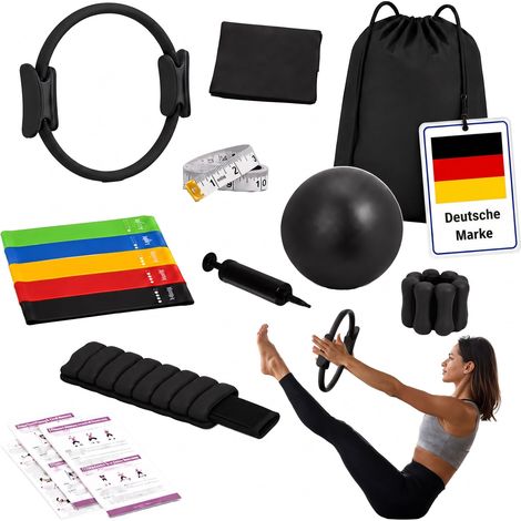 Relaxdays Pilates Set, 13-teilig, Ring, Ball, 6 Widerstandsbänder, Gewichtsmanschetten, Pilateszubehör zuhause, schwarz (1/5)