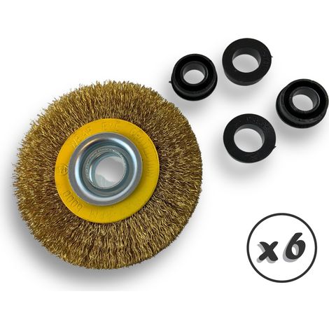 Lot de 6 brosses circulaires LAITON Ø 100 mm Epaisseur 2 rangs Fil dur 0.30 mm ondulé Alésage 16 mm Touret meuleuse affûteuse ponceuse Brossage décapage polissage Kibros 234102LTx6