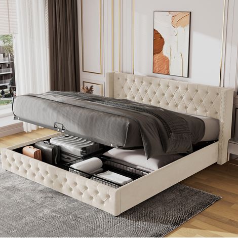 Lit coffre 180x200 capitonné en velours gris HAVRYA (1/5)