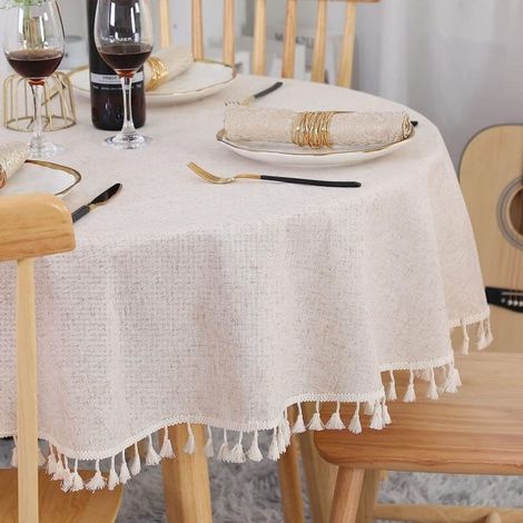 Nappe ronde beige 150 cm, lavable en lin et coton, infroissable. (1/5)
