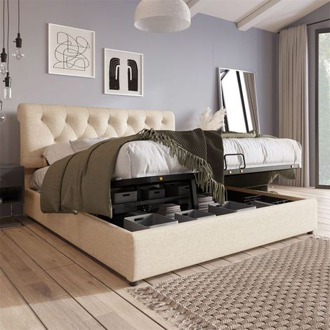 Lit coffre rembourré 160x200 cm - tissu lin gris clair, cadre métal, sommier inclus (1/5)