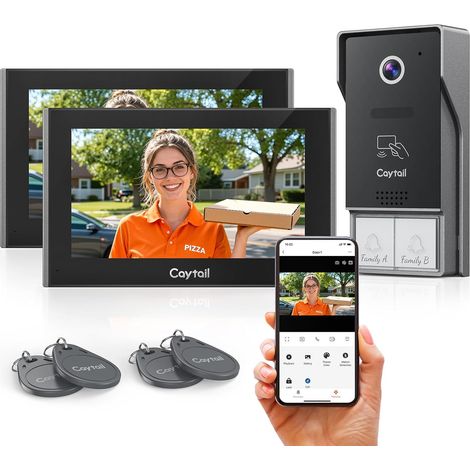 Kit Visiophone 2 Fils WiFi6 Bi-Bande, 2 Écrans Tactiles IPS 7", Audio Bidirectionnel, Caméra 1080P, Détection Humaine, Déverrouillage à distance, Cartes RFID, pour deux familles (1/5)