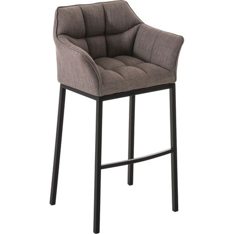 Tabouret de bar chaise haute de comptoir couture carrées assise en tissu gris 4 pieds stables en métal noir 100004704