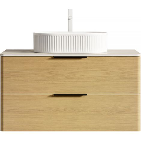 Mobile bagno sospeso 90 cm con lavabo ovale bianco, piano in pietra sinterizzata travertino, 2 cassetti (1/5)