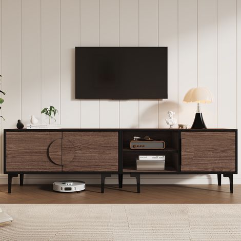 Meuble TV - 180x35x49cm - avec 2 compartiments, étagères ouvertes - 80 pouces max - couleur noyer foncé (1/5)
