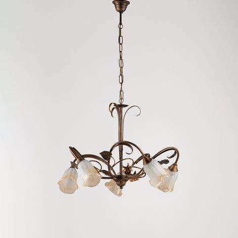 Lampadario Arte Povera Cestino 5 Luci Marrone e Bianco LuceArt Classic