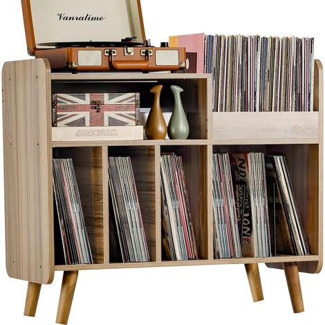 Table de tourne-disque du milieu du siècle avec rangement en vinyle pour jusqu'à 350 albums, armoire à disques vinyle avec étagères réglables, noyer (1/4)