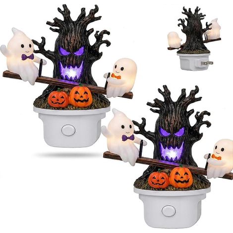 Lot de 2 veilleuses 3D fantôme animées noires, à brancher, décoration Halloween intérieure motif citrouille‑arbre (1/5)