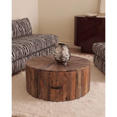 Mandala - Table basse ronde en bois de manguier massif avec tiroir (1/5)