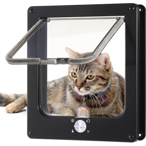 Chatière pour chat - Porte de sécurité silencieuse pour animal domestique avec serrure à 4 voies - Chatière résistante aux intempéries - Pour intérieur et extérieur - En bois UPVC (noir, L) (1/4)