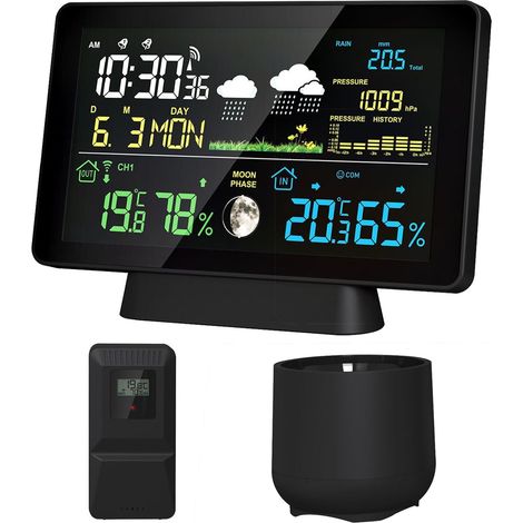 8-in-1 kabellose Wetterstation für Innen- und Außenbereich, Hygrometer, Thermometer mit Wettervorhersage, 7,5 Zoll hintergrundbeleuchteter Farb-LCD-Bildschirm, Wetterstation mit Uhrzeit, Alarm, Datum,