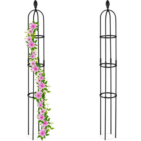Relaxdays Obelisco Flores, Set 2, 160 x 20 cm, Soporte Plantas Trepadoras, de Metal, Torre para Rosales Vertical, Negro