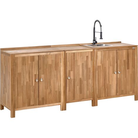 Conjunto de 3 armarios de cocina exterior de madera de acacia con fregadero y grifo estantes encimera de madera maciza acero inoxidable marrón y negro Venosa