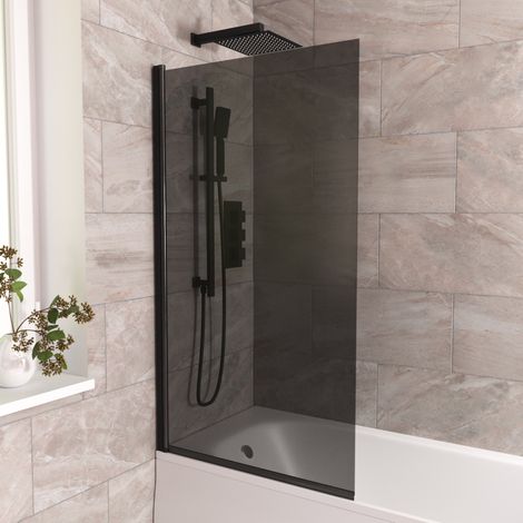 800mm Square Bath Screen Black Profile Tinted Black Glass Reversible Kai (1/5)